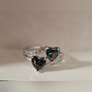 Vintage Faux Mystic Topaz Hearts &Cubic Zirconia Sterling Silver Plated Ring Sz9